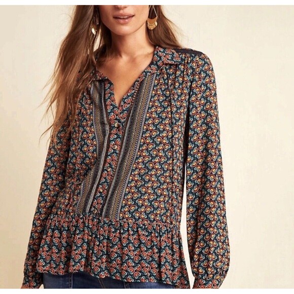MAEVE Anthropologie Flounced Peasant Janie Blouse Top Shirt Floral Navy Button 6 - Picture 1 of 10